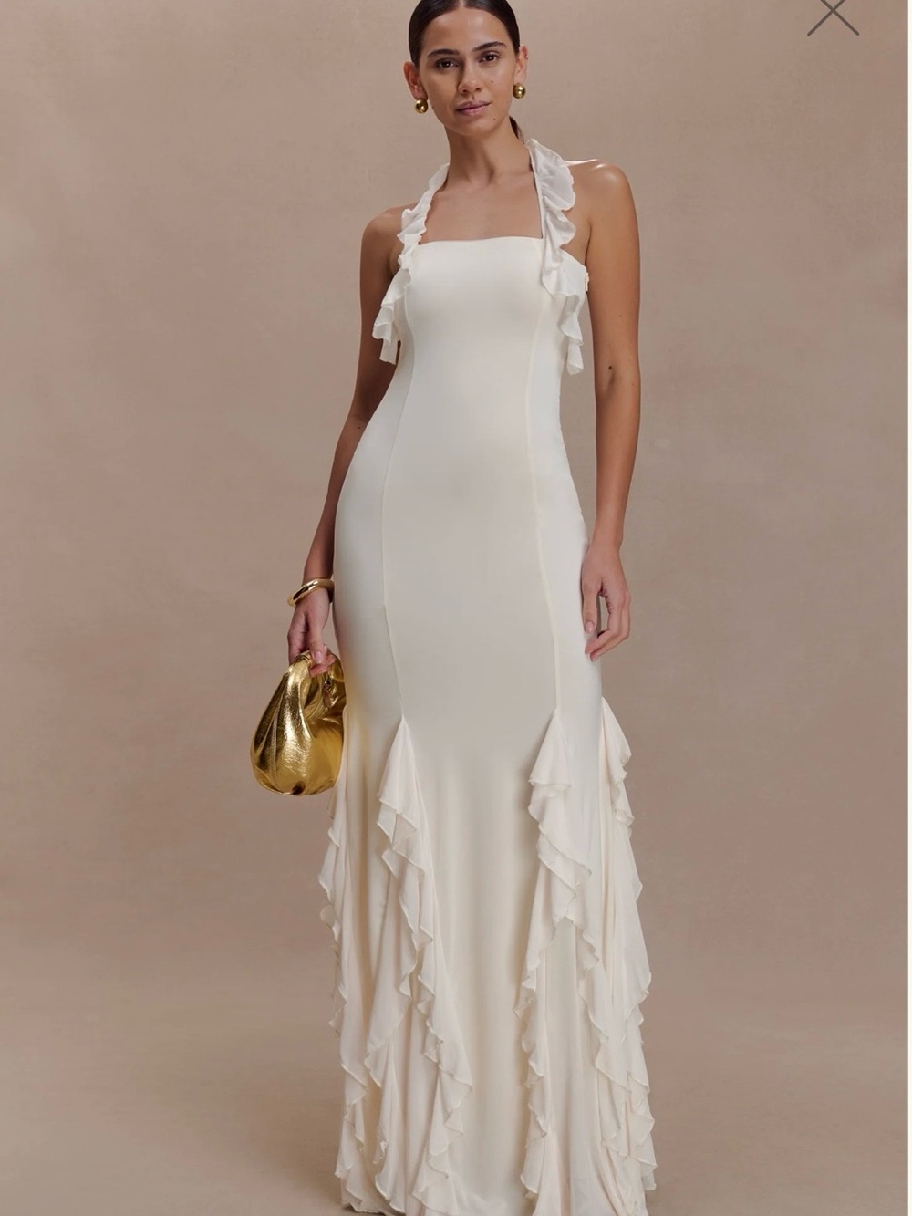 Meshki Cream Ruffle Halter Maxi Dress
